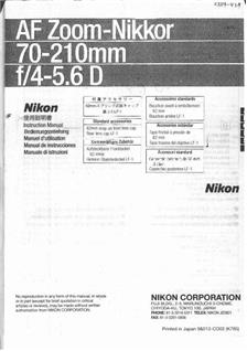 Nikon 70-210/4-5.6 manual. Camera Instructions.